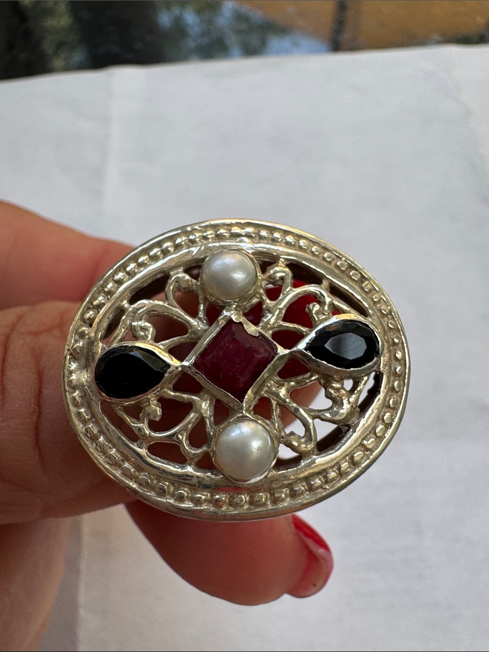 Sterling silver Filigree Statement Ring with Black, Red & Pearl Accents - Picture 5 of 5